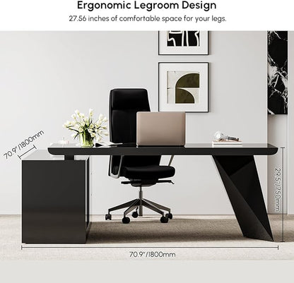 homary 70.9" Modern L-Shape Executive Desk, Home Office Desk with Drawers & Cabinet Modern Computer Desk for Home Business Furniture, Black, Right Hand