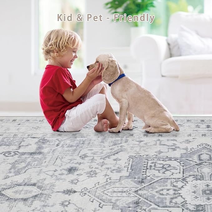 Area Rugs 5x7 Washable Area Rugs for Living Room- Ultra Soft Non-Shedding Faux Wool Bedroom Rug Grey Vintage Print Rugs Non Slip Dining Room Rugs Large Floor Carpet for Farmhouse Home Office