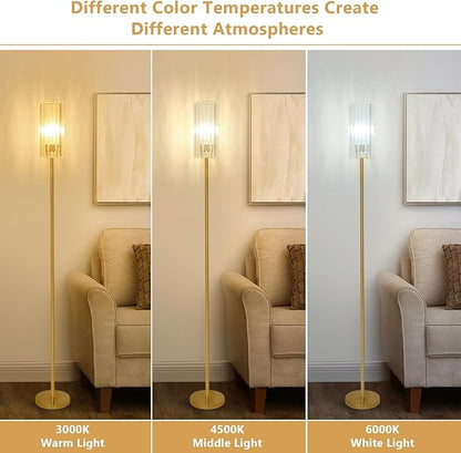HMVPL Gold Floor Lamp for Living Room, Brass Pole Standing Lamp with K9 Crystal Shade, Modern Corner Standing Lamp for Bedroom with On/Off Switch, Elegant Crystal Tall Lamp for Office Kids Girls Room