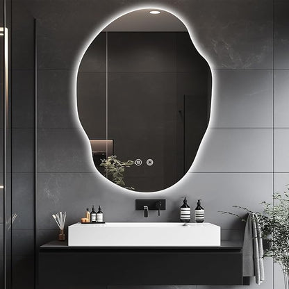 Irregular LED Bathroom Mirror with Lights,Asymmetrical Led Bathroom Vanity Mirror for Wall with Front and Backlit, Anti Fog, 3 Colors and Dimmable Light,[Horizontal/Vertical] 30" H x 22" W