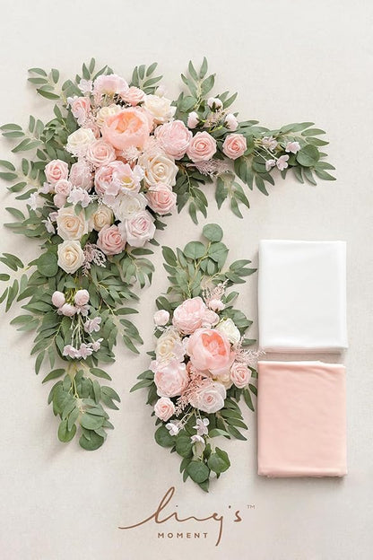 Ling's Moment Pink White Artificial Wedding Arch Flowers Kit Pack of 4, 2pcs Hanging Flower Arrangement 2pcs Chiffon Drapes Ceremony Reception Silk Rose Arbor Backdrop Floral Garden Outdoor Decoration