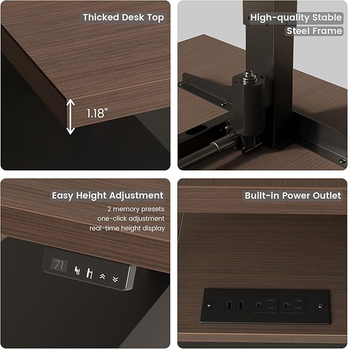 71" Standing Executive Desk with Privacy Panel, Large One-Piece Electric Height Adjustable Stand Up Desk with Charging Station, File Cabinet Storage, Home and Office, Black Walnut