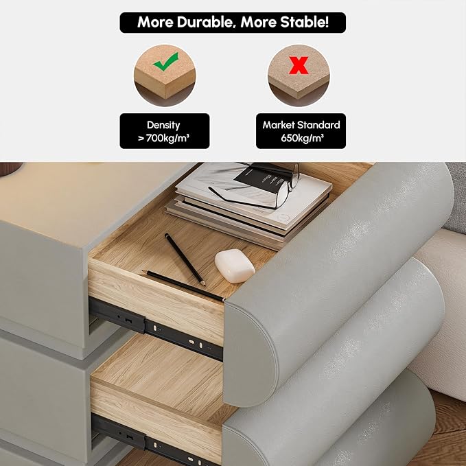 homary 2-Drawer Smart Nightstands Set of 2 with Wireless Charging Station, USB & Type-C Ports, Faux Leather Light Gray Night Stands Modern Bedside Tables for Bedroom Storage, Fully Assembled