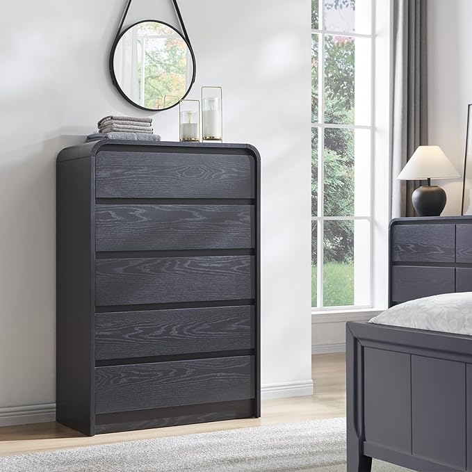 Modern 5 Drawers Dresser for Bedroom, 45" Tall Dressers & Chests of Drawers w/Curved Profile Design, Wood Mid Century Vertical Dresser w/Natural Texture for Bedroom, Living Room, Black