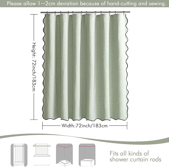 MIULEE Sage Green Scalloped Shower Curtain Linen Textured with 12 Metal Hooks Cute Heavy Duty Washable Waterproof Thick Cloth Spring Curtains with Black Border for Bathroom Hotel Bathtub,W72*L72
