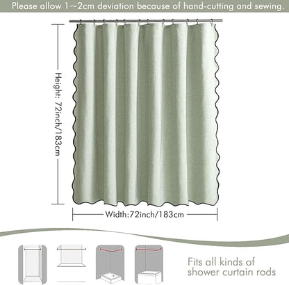 MIULEE Sage Green Scalloped Shower Curtain Linen Textured with 12 Metal Hooks Cute Heavy Duty Washable Waterproof Thick Cloth Spring Curtains with Black Border for Bathroom Hotel Bathtub,W72*L72
