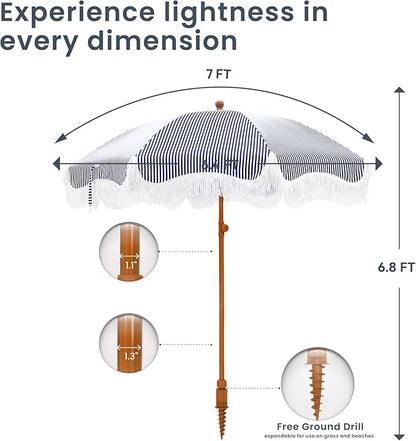 PHI VILLA 7ft Beach Umbrella with Fringe & Sand Anchor, Outdoor Patio Heavy Duty Windproof Portable Tassel Umbrellas for Sand with Push Button Tilt & Carrying Bag, UPF 50+, Stripe Blue & White