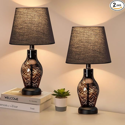 ONEWISH Small Table Lamp Set of 2, Wine Bottle Shape Glass Body, Warm Ambient Lighting, Bulb Included, 14" Height, Black