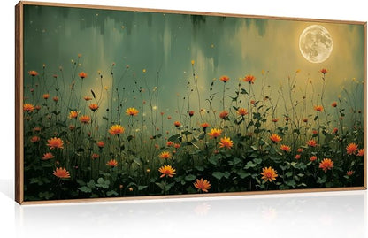 HOURIA Mystical Midnight Wildflower Framed Canvas Wall Art Set,Moonlit Orange Floral Wall Decor,Nature Inspired Landscape Artwork,Watercolor Art Prints for Living Room,Bedroom,Farmhouse- 20"×40"×1