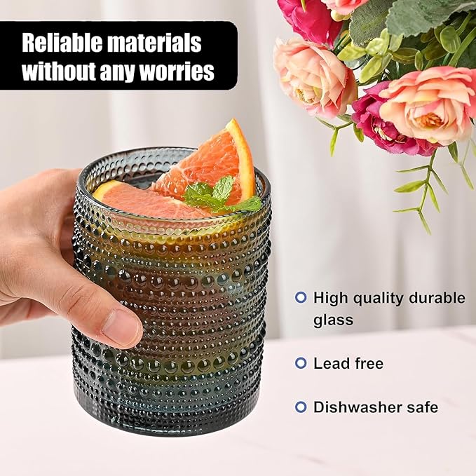 Colored Hobnail Drinking Glasses Set of 6,12oz Vintage Kitchen Glassware,Embossed Beaded Glass Cups,Water Tumbler for Cocktail,Juice and Various Mixed Drinks