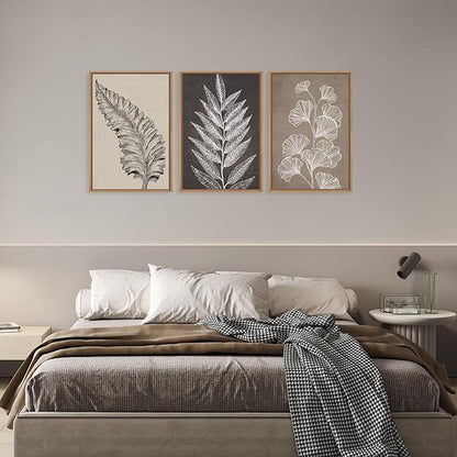 HOURIA Beige Brown Botanical Leaf Framed Canvas Wall Art Set,Modern Natural Leaves Wall Decor,Vintage Minimalist Floral Artwork,Black and White Plant Art Print for Living Room,Bedroom,Office-24"x36"x3