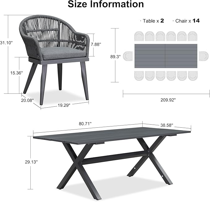 PURPLE LEAF 16 Pieces Patio Dining Set with Outdoor Aluminium Dining Table and Woven Chairs Modern Metal Furniture Cushions Sets for Garden Yard Indoor Decor Kitchen Gray