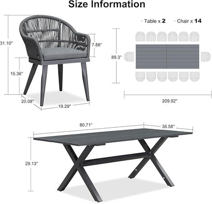 PURPLE LEAF 16 Pieces Patio Dining Set with Outdoor Aluminium Dining Table and Woven Chairs Modern Metal Furniture Cushions Sets for Garden Yard Indoor Decor Kitchen Gray