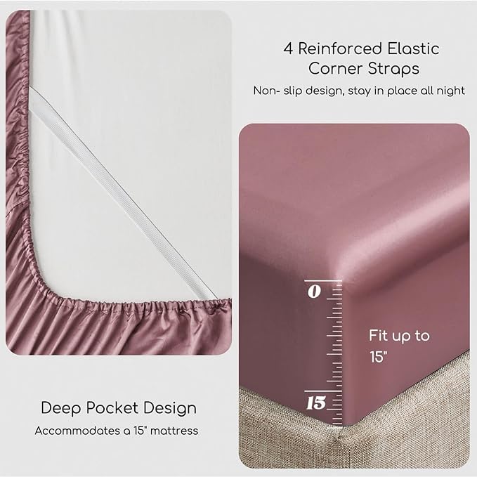 MR&HM Satin Bed Sheets Set, 3 Pcs, Twin XL, Rose Taupe, 600 Thread Count, 15 Inches Deep Pocket