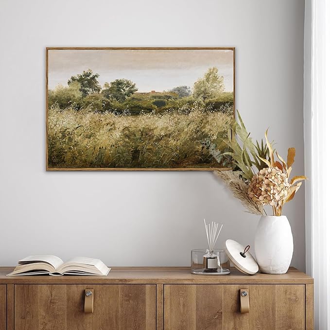 KBKBART Framed Canvas Wall Art, Vintage Meadow Landscape Wall Art Prints, Retro Country Wildflower Field Farmhouse Wall Decor Ready To Hang for Bedroom, Bathroom, Living Room, Kitchen, Vintage Room