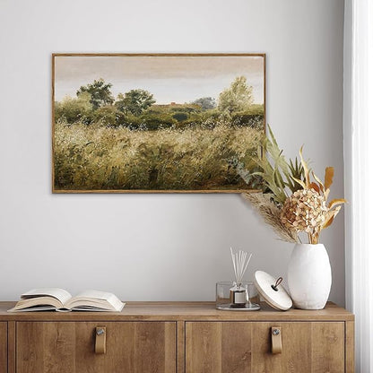 KBKBART Framed Canvas Wall Art, Vintage Meadow Landscape Wall Art Prints, Retro Country Wildflower Field Farmhouse Wall Decor Ready To Hang for Bedroom, Bathroom, Living Room, Kitchen, Vintage Room