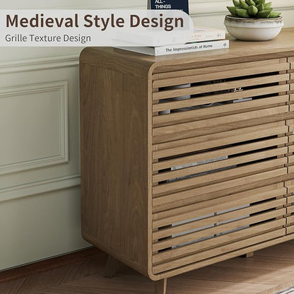 Fluted Dresser for Bedroom, Wide 6 Drawers Dresser, Chests of Drawers with Grille & Curved Design, Dressers Slides Pre-Installed, Large Wood Drawer Organizer for Bedroom Hallway, Natural Oak