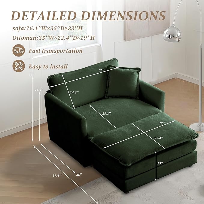 SoarFlash Chenille Sectional Sofa, Comfy Modular Single Sofa with Ottoman, Modern Recliner Deep Seat Sofa Set for Living Room,Green