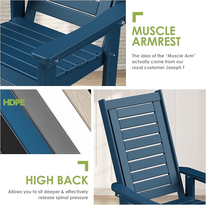 GREENVINES Outdoor Rocking Chairs | Set of 2 | Porch Rocker | HDPE Plastic | Blue | Oversized Rockers | High Back | Big & Tall | Ladder Back | for Patio Outside Backyard Balcony Garden