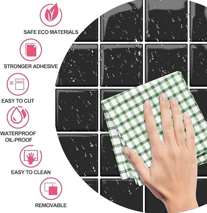 Alwayspon 10 Sheets 10"x10" Black 3D Vinyl Backsplash Tiles, Self-Adhesive Peel and Stick Wall Tile Stickers Stick on Subway Tiles for Kitchen Bathroom Wall