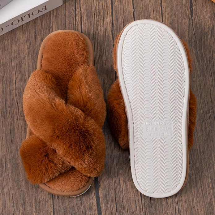 Women's Slipper Memory Foam Cross Band Fuzzy Slippers Open Toe Cozy House Slippers Cozy Plush Bedroom Indoor Outdoor