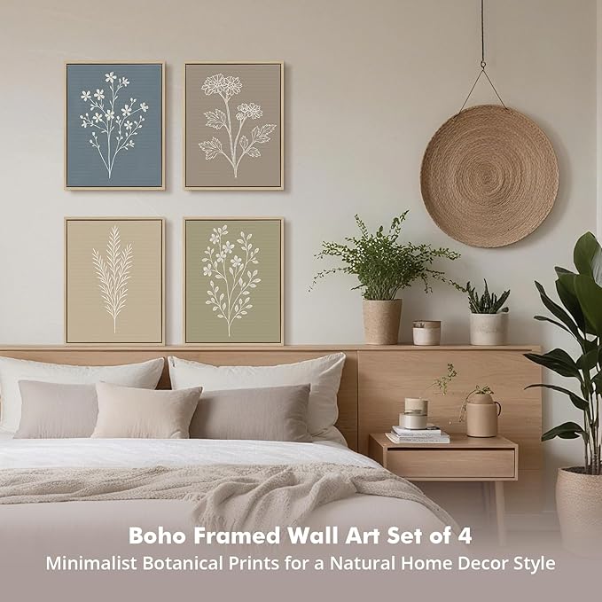 DAJONART Boho Neutral Botanical Wall Art Set of 4,Terracotta & Sage Green Abstract Prints Framed Canvas for Boho, Japandi, and Earth Tone Home Decor, Abstract Earth-Tone Botanical Canvas Art,11x14 in