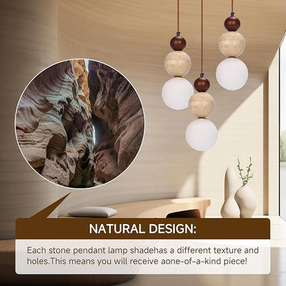 Wabi Sabi Pendant Light,3-Light Travertine Stone Fixture-Japandi Japanese Style Lamp,Nordic Wood Chandelier,Spherical Scandinavian Pendant Light Suits Kitchen Islands,Dining & Living Rooms(Walnut)