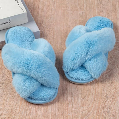 Women's Slipper Memory Foam Cross Band Fuzzy Slippers Open Toe Cozy House Slippers Cozy Plush Bedroom Indoor Outdoor
