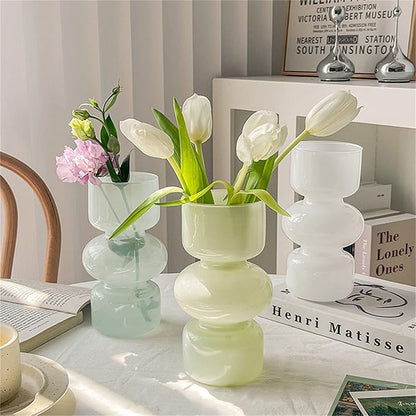 JSPYFITS Glass Hydroponic Flower Vase, 7 Inches Colored Glasses Bubble Vases for Flowers, Three-Layer Glass Funky Vase for Home/Office/Weddings/Party Table Flowers Decor (Milky Green)