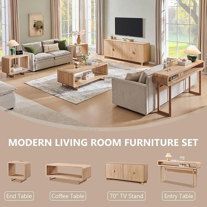 48" Modern Coffee Table, 2-Tier Minimalist Center Table with Storage Shelf, Curved Profile Design, Wooden Rectangular Living Room Table w/Wood Thick Design for Living Room, Office, Natural Oak