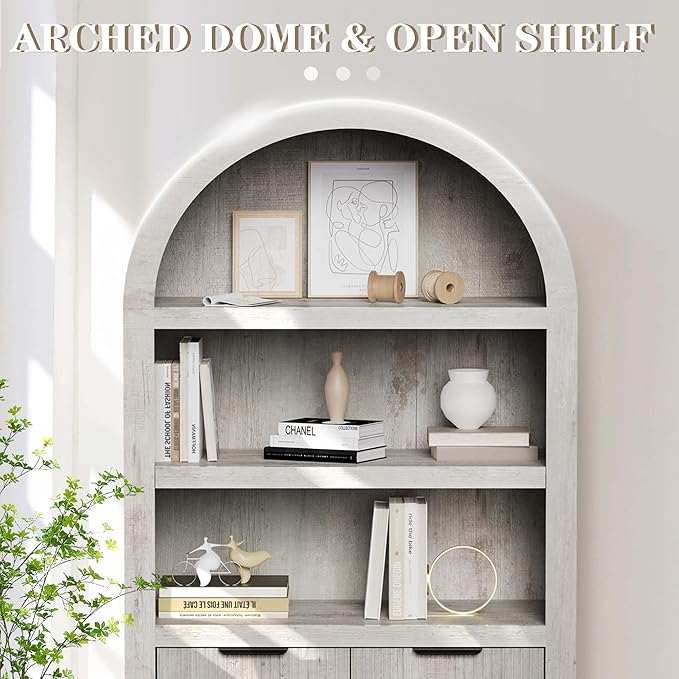 blini Tall Arched Bookcase with Doors, Wooden Arch Bookshelf 5-Tier Rounded Bookshelf Multi-Depth Display Storage Cabinet for Living Room
