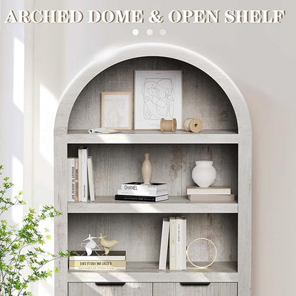 blini Tall Arched Bookcase with Doors, Wooden Arch Bookshelf 5-Tier Rounded Bookshelf Multi-Depth Display Storage Cabinet for Living Room