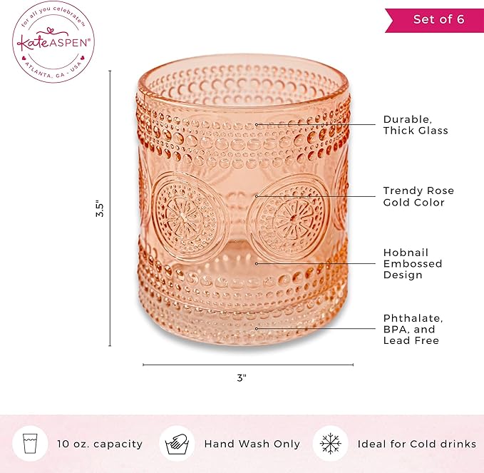 Kate Aspen Hobnail Beaded Floral Rose Gold Drinking Glasses Set of 6, (10 oz) Vintage Glassware Set Cocktail Glass Set, Juice Glass, Water Cups | Great Hostess Gift & Gift for New Home Owners