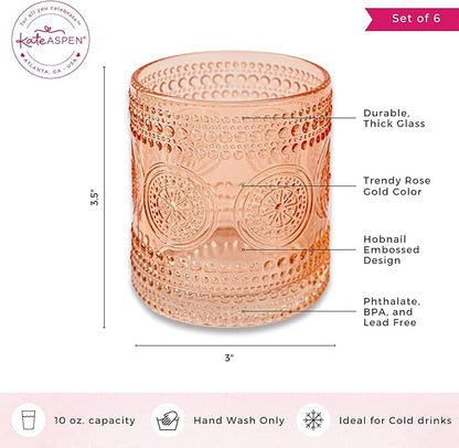 Kate Aspen Hobnail Beaded Floral Rose Gold Drinking Glasses Set of 6, (10 oz) Vintage Glassware Set Cocktail Glass Set, Juice Glass, Water Cups | Great Hostess Gift & Gift for New Home Owners
