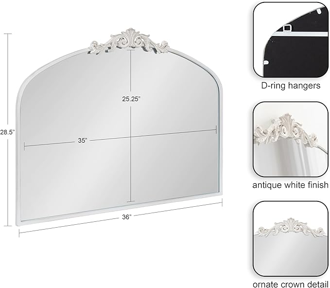 Kate and Laurel Arendahl Ornate Traditional Arched Mirror; 36 x 29; White; Decorative Baroque Style Arched Wall Mirror with Wide Frame and Crown