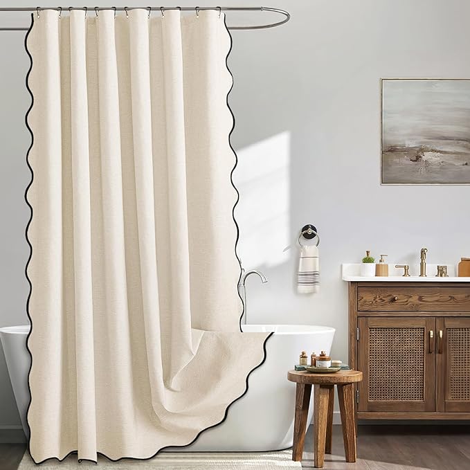 MIULEE 84" Long Scalloped Shower Curtain Linen Textured with 12 Metal Hooks Cute Extra Long Heavy Duty Washable Waterproof Cloth Curtains with Black Border for Bathroom Hotel Bathtub,Ivory