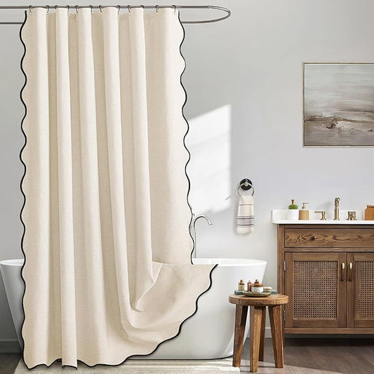 MIULEE 84" Long Scalloped Shower Curtain Linen Textured with 12 Metal Hooks Cute Extra Long Heavy Duty Washable Waterproof Cloth Curtains with Black Border for Bathroom Hotel Bathtub,Ivory