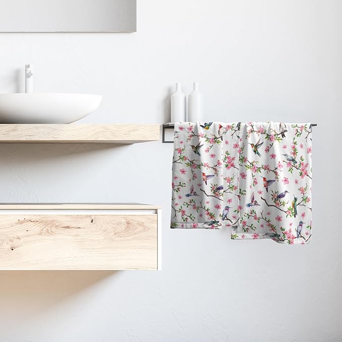 Birds Flower Hand Towel 2 Pack Hummingbird on Branch Pink Floral Decorative Kitchen Dish Towels Watercolor Bird Spring