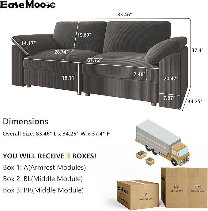 EASE MOOSE Comfty 2 Seat Couch,FSC Certified Modern Deep Seat Sectional Modular for Living Room, Light Gray