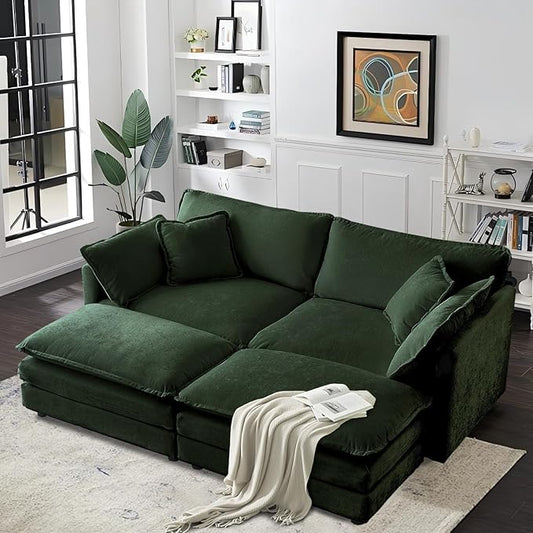 SoarFlash Chenille Sectional Sofa, Comfy Modular Coush Sofa with Ottoman, Modern 2 Seat Recliner Deep Seat Sofa Set for Living Room,Green