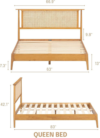 NTC Ruby Wooden Bed Frame with Headboard and Natural Rattan, Solid Oak/Rubber Wood Foundation with Silent Slats, 1000 Lb Capacity, Effortless Assembly (Natural Cane - Rustic Oak, Queen)