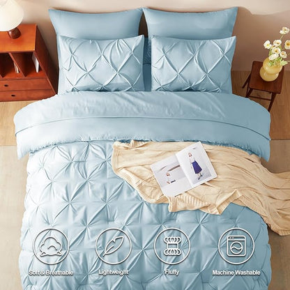 CozyLux Queen Comforter Set Light Blue, 7 Pieces Pintuck Bed in A Bag, Premium Blue Comforter Queen Size, Pinch Pleat Bedding Sets with Comforter, Sheets, Pillowcases & Shams