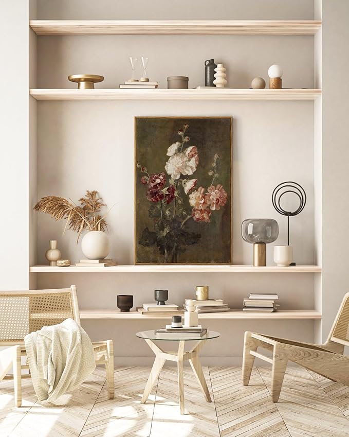 ARPEOTCY Large Framed Canvas Wall Art, Moody Hollyhocks Pictures Decor, 24x36Inch, Bathroom Kitchen Bedroom Vintage Floral Picture Decor, French Country Farmhouse Dark Art