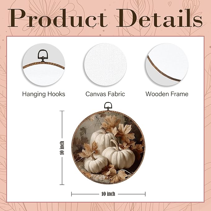 Hxlac Vintage Fall Pumpkin Maple Leaves Round Wall Art Framed, Fall Halloween Round Wall Decor, Vintage Autumn Hanging Canvas Prints Wall Sculptures for Farmhouse Home Living Room Decor, 10x10 Inch