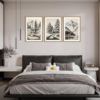 HOURIA Large Vintage Mountain Sketch Framed Canvas Wall Art Set,Modern Pine Tree Wall Decor, Natural Botanical Wall Painting,Retro Abstract Art Print for Living Room,Bedroom,Office- 24"x36"x3