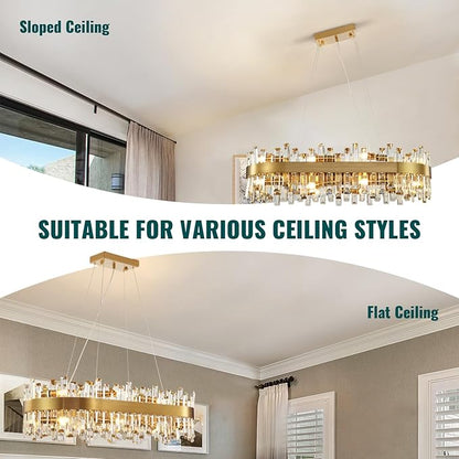 Siljoy Rectangular Gold Crystal Chandelier, 16-Light Modern 2-Tiers K9 Crystal Raindrop Chandelier, Luxury Oval Crystal Penadnt Ceiling Light Fixture for Dining Room Living Room Kitchen Island L35.4''