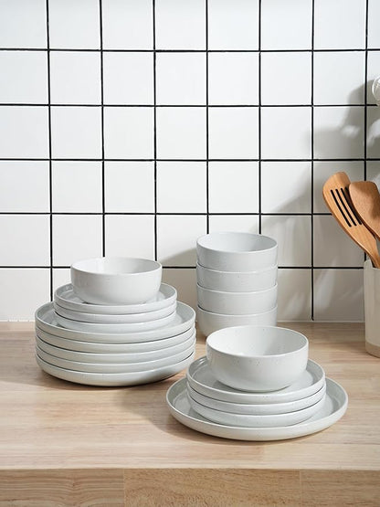 Famiware Dawn Dinnerware Sets, 18 Piece Dish Set with Speckled Design, Plates and Bowls Sets for 6, White