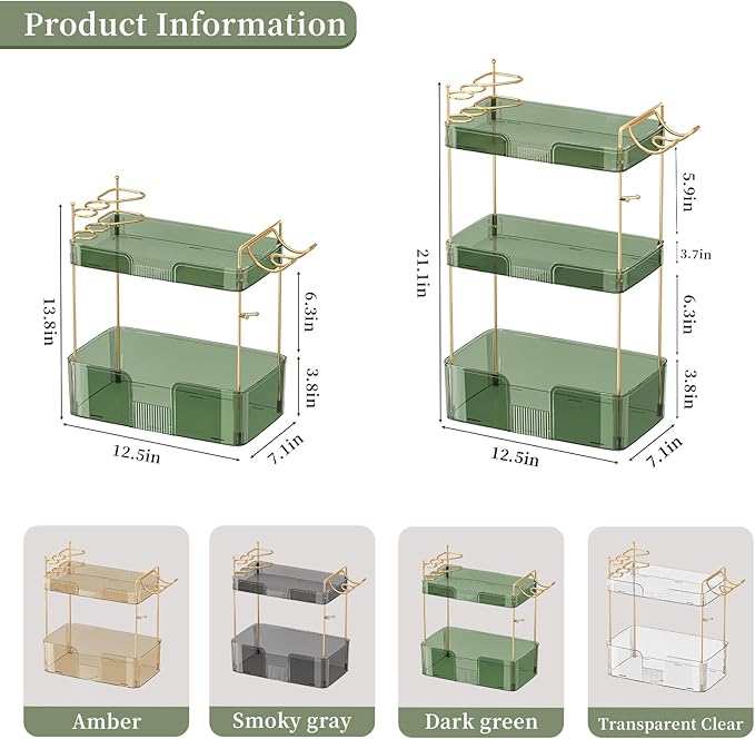 3 Tier Bathroom Organizer Countertop Makeup Perfume Skincare Organizer Comes with Hair Dryer Rack and Toothbrush Holder for Bathroom Dresser Vanity (Green)