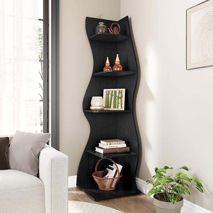 LITTLE TREE Small Corner Shelf, Modern 5-Tier Wall Corner Bookshelf, Stylish Bookcase Storage Rack for Small Space, Living Room, Bedroom, Black, 2 Pack