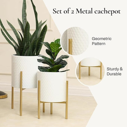 LuxenHome Planters for Indoor Plants, Set of 2 Indoor Plant Pots, White Planter with Gold Metal Stand, Luxury Flower Pots for Plants, Large Floor Plant Pot, NOT Waterproof